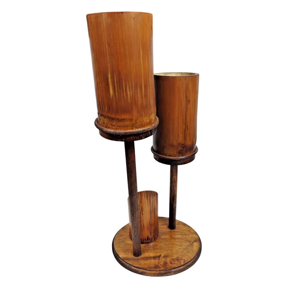 MCM Natural Bamboo Ikebana Teak Triple Candelabra Candle Holder 24" Rustic